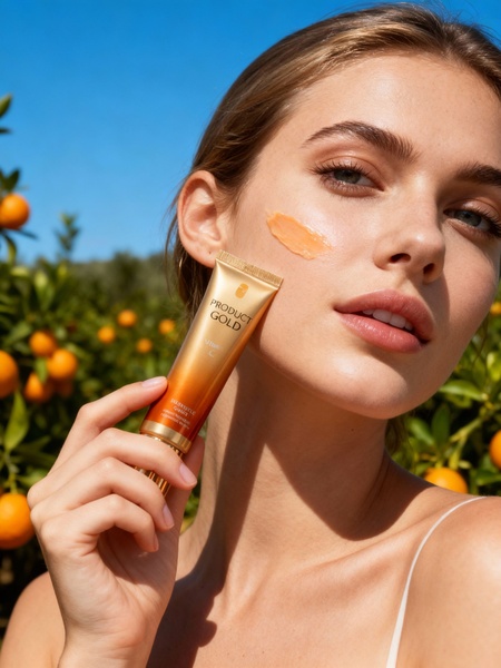 This creative showcases a Vitamin C serum applied to the cheek, using an organic golden-hour outdoor setting to communicate product texture and natural benefits.